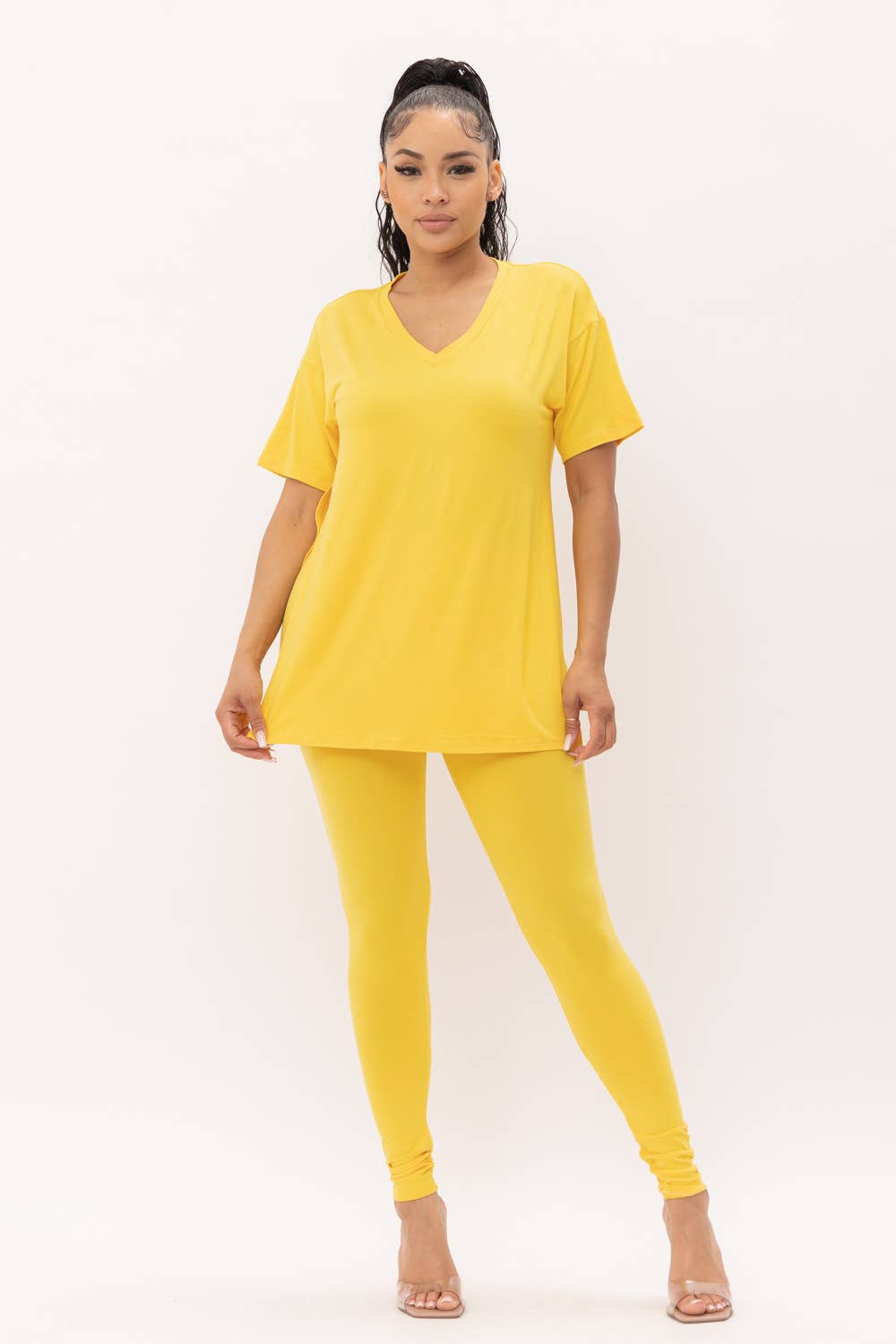 V-Neck Side Slits Basic Top And Leggings Set