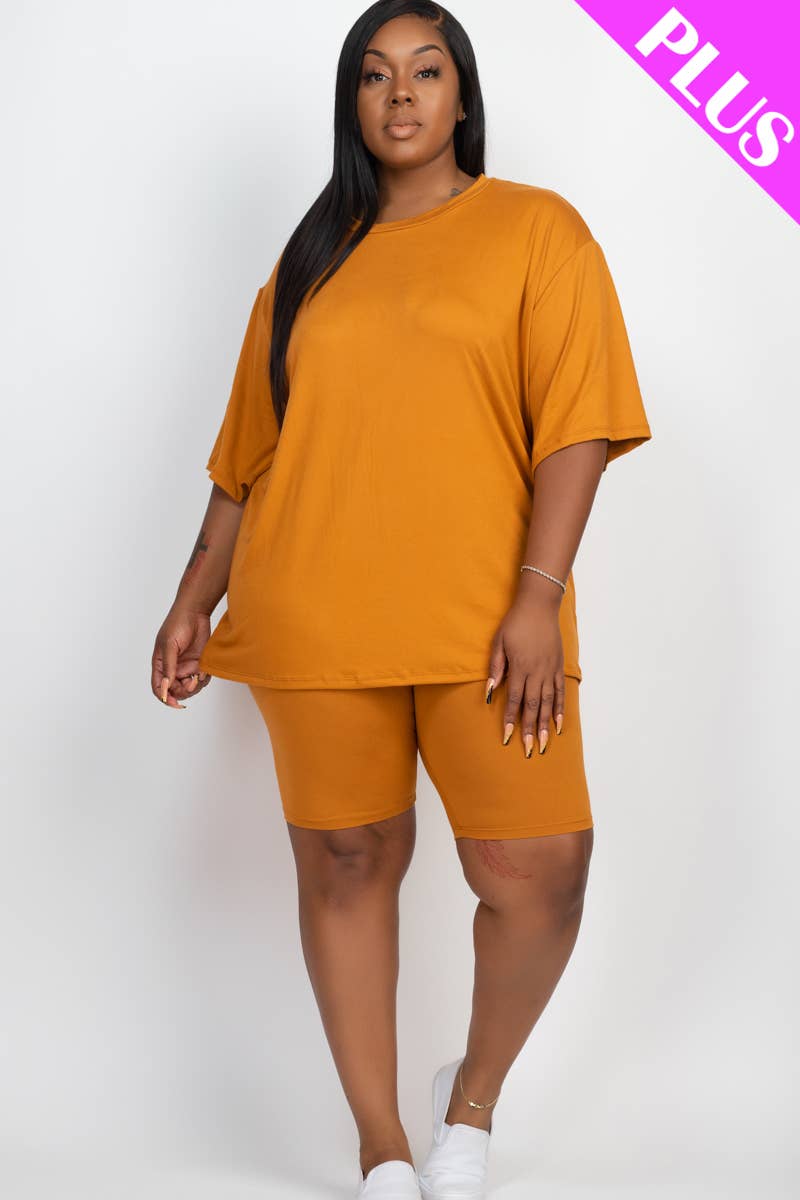 Plus Size Loose Fit Top & Bike Shorts Set