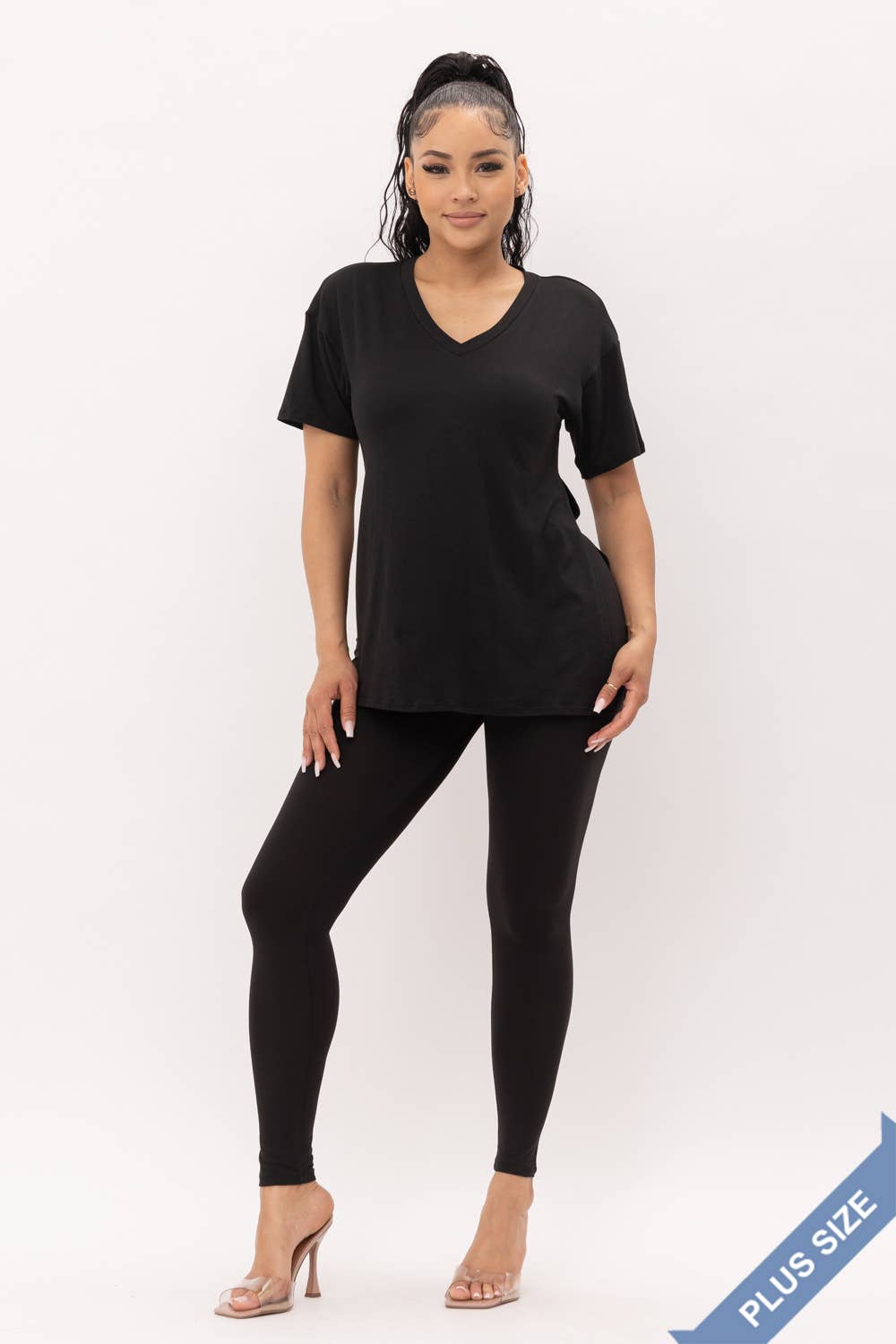 Plus Size V-Neck Side Slits Basic Top And Leggings Set