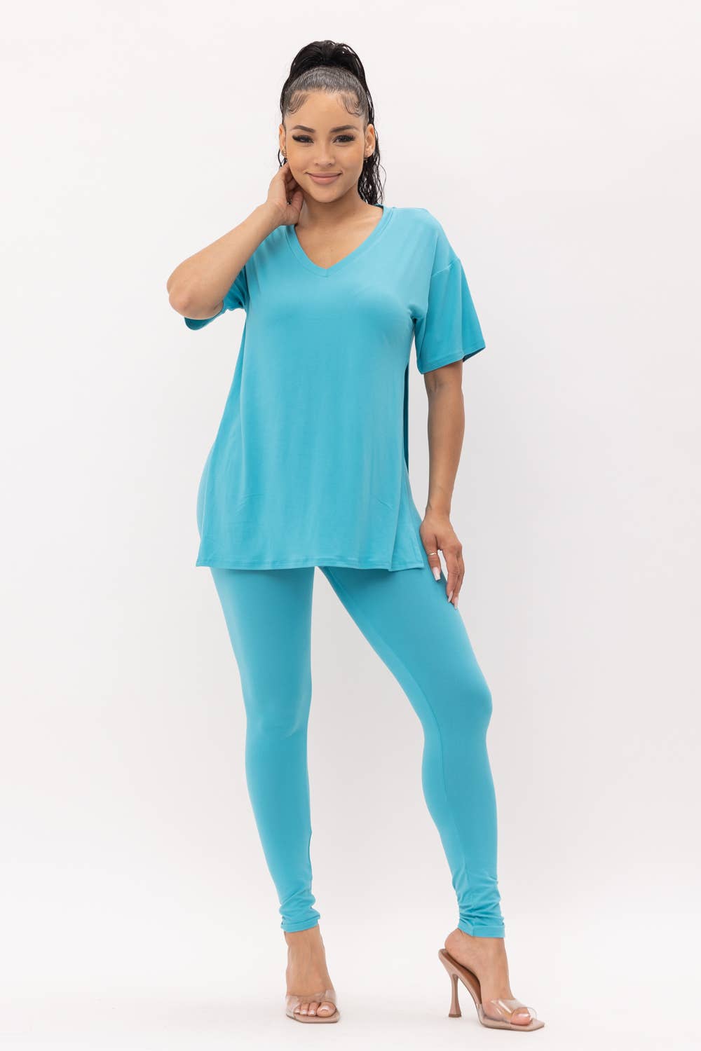 V-Neck Side Slits Basic Top And Leggings Set