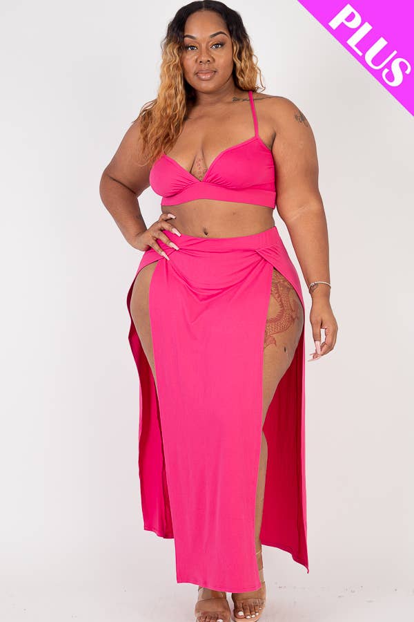 Plus Size Bra Top & Side Slit Maxi Skirt Resort Set