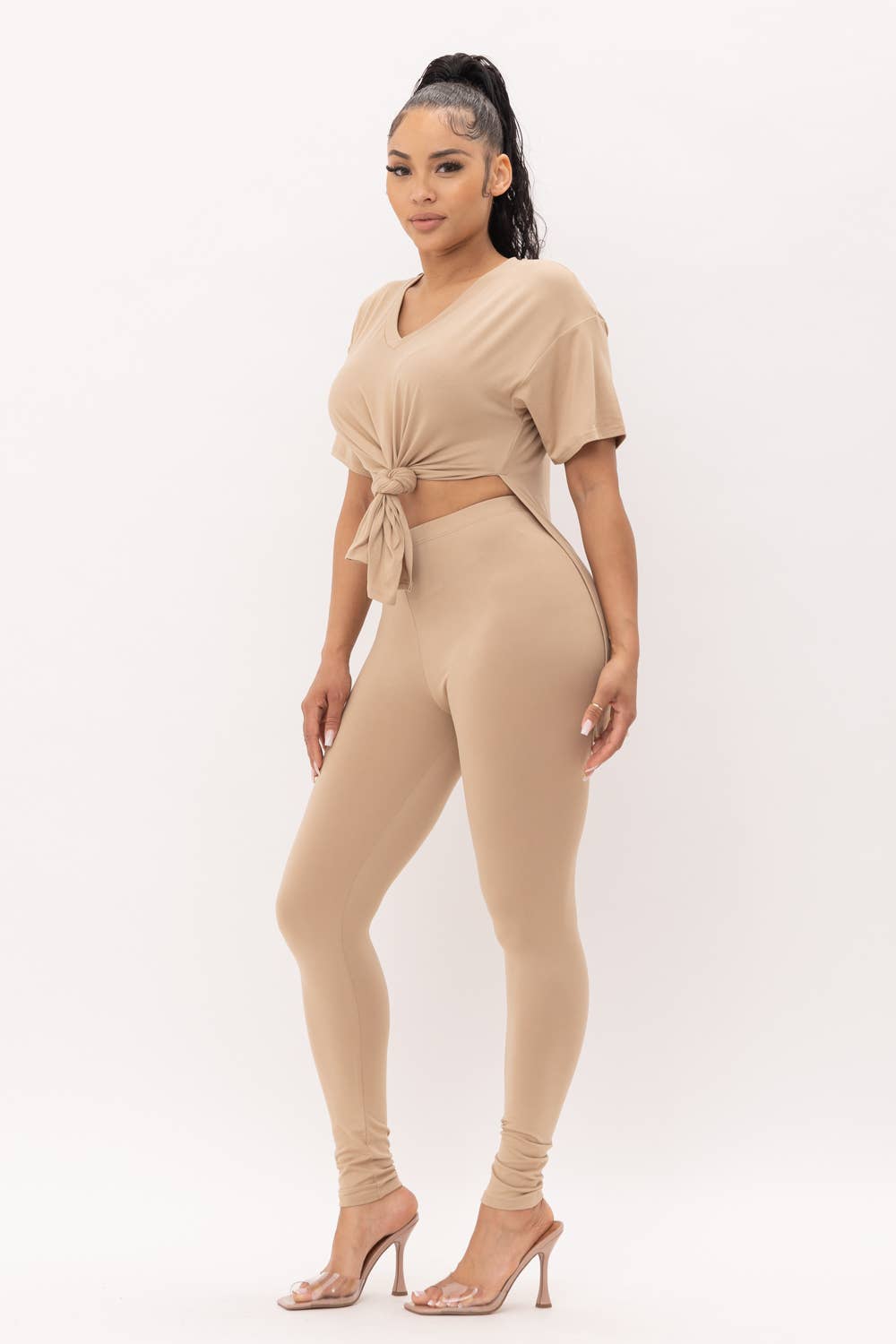 Plus Size V-Neck Side Slits Basic Top And Leggings Set