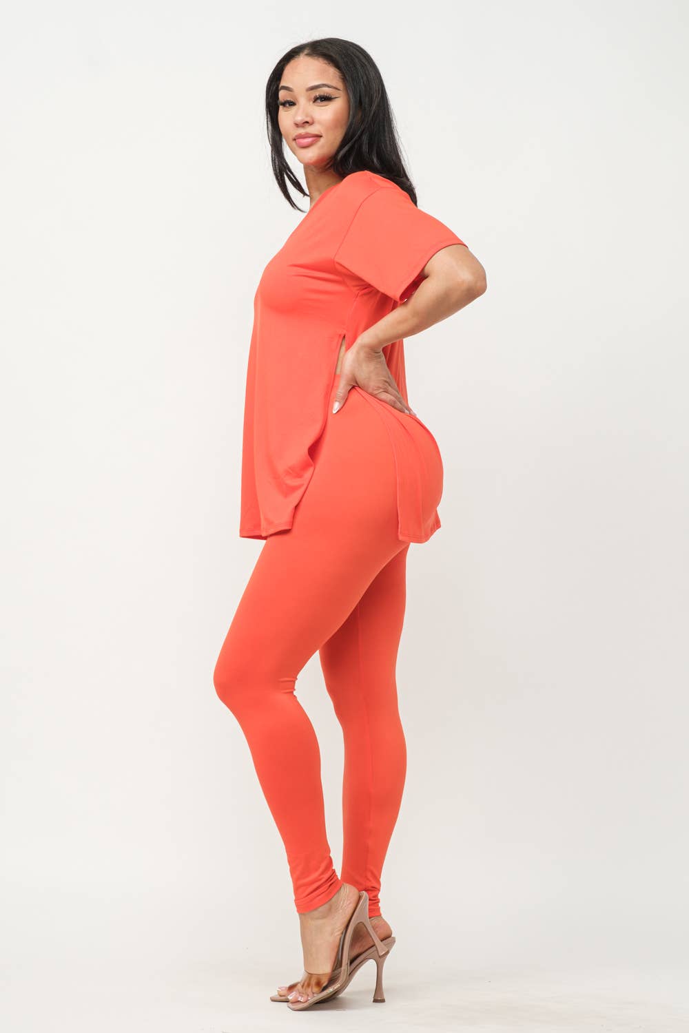 V-Neck Side Slits Basic Top And Leggings Set