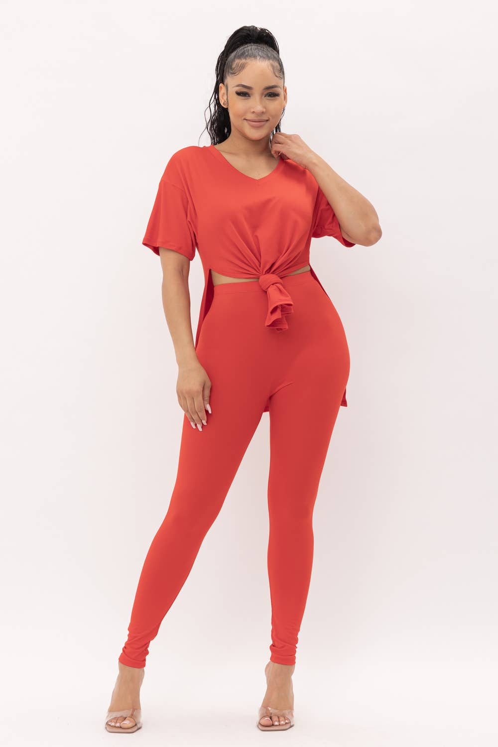 V-Neck Side Slits Basic Top And Leggings Set