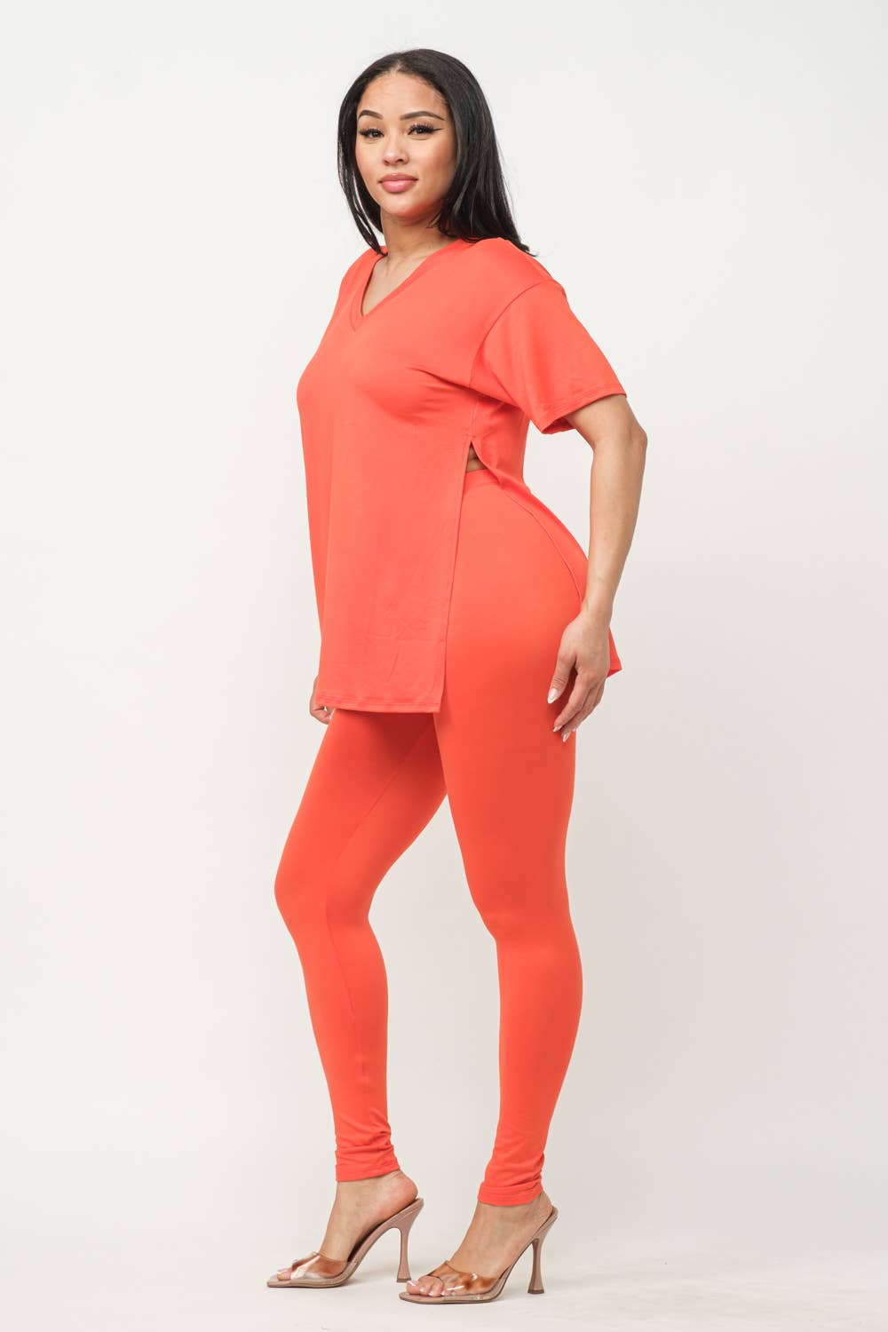 V-Neck Side Slits Basic Top And Leggings Set