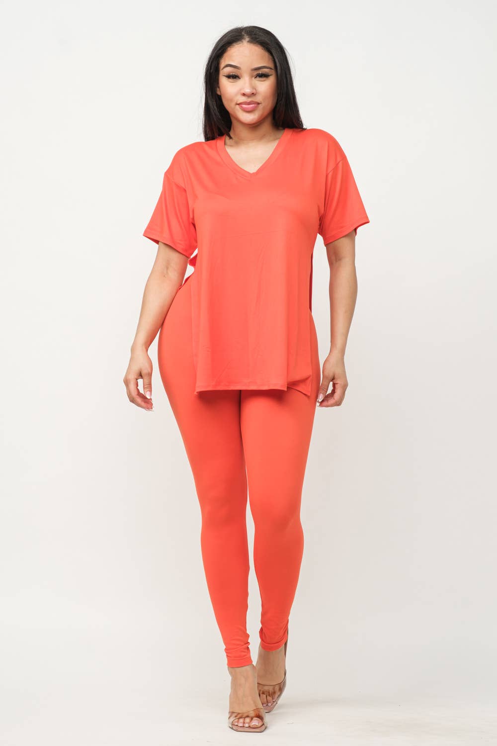 V-Neck Side Slits Basic Top And Leggings Set