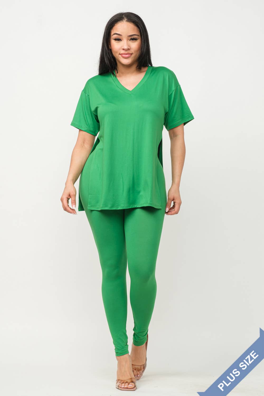 Plus Size V-Neck Side Slits Basic Top And Leggings Set