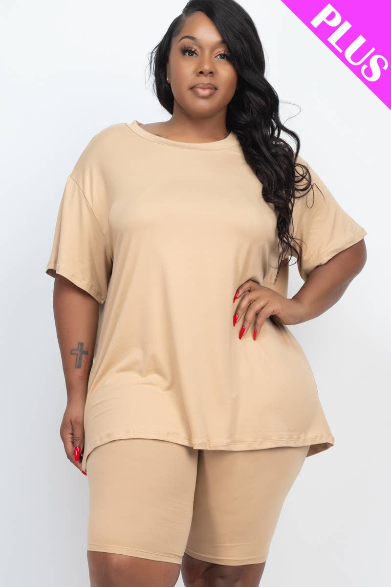 Plus Size Loose Fit Top & Bike Shorts Set