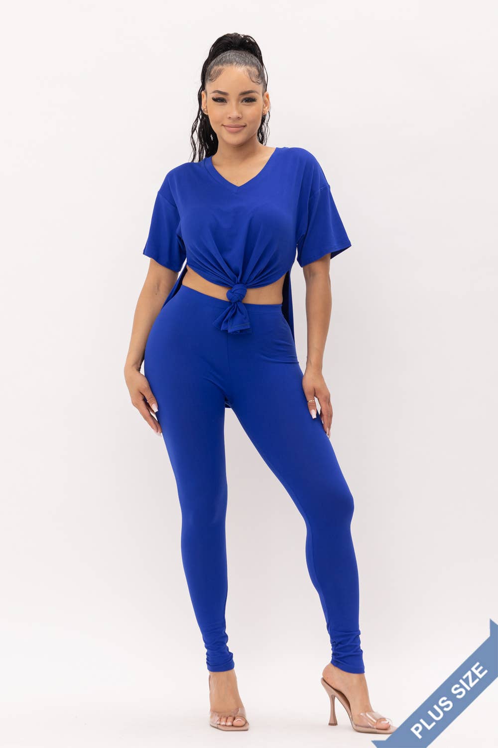 Plus Size V-Neck Side Slits Basic Top And Leggings Set