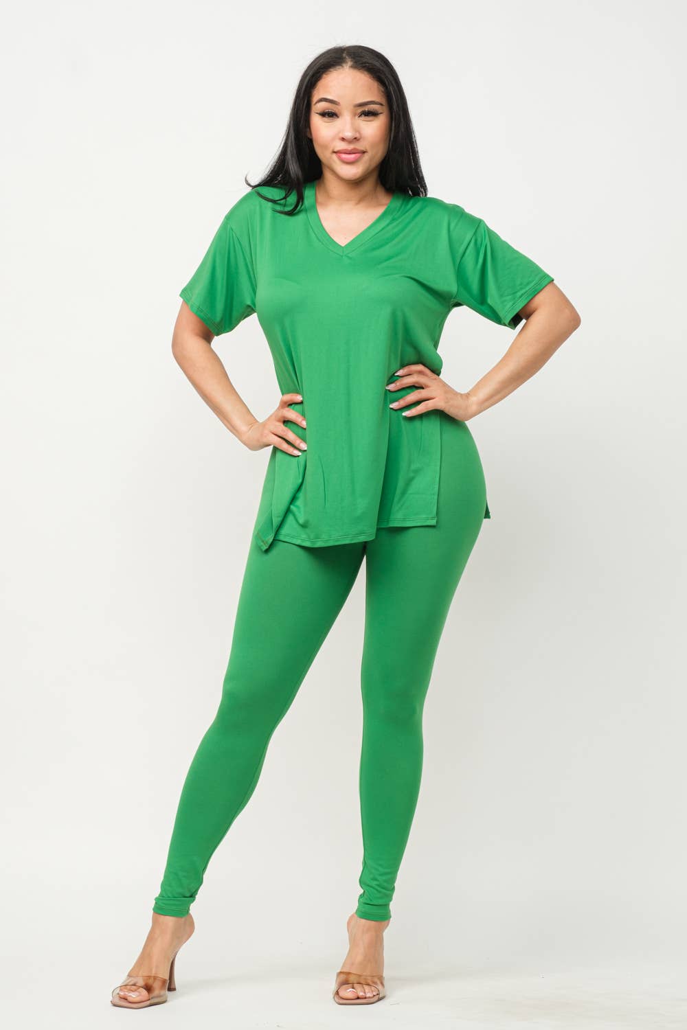 V-Neck Side Slits Basic Top And Leggings Set