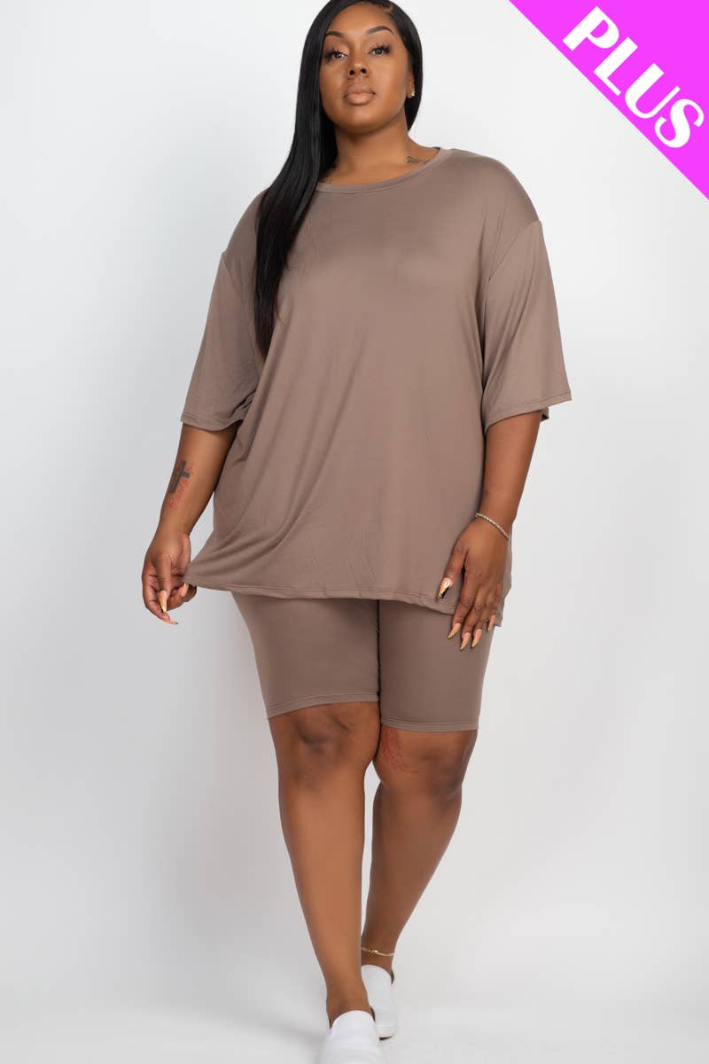 Plus Size Loose Fit Top & Bike Shorts Set