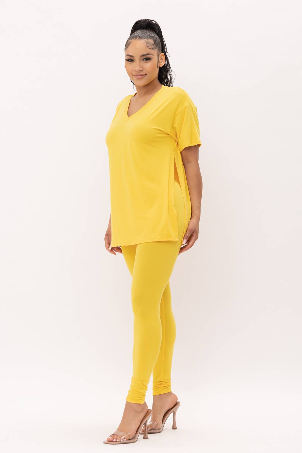 V-Neck Side Slits Basic Top And Leggings Set