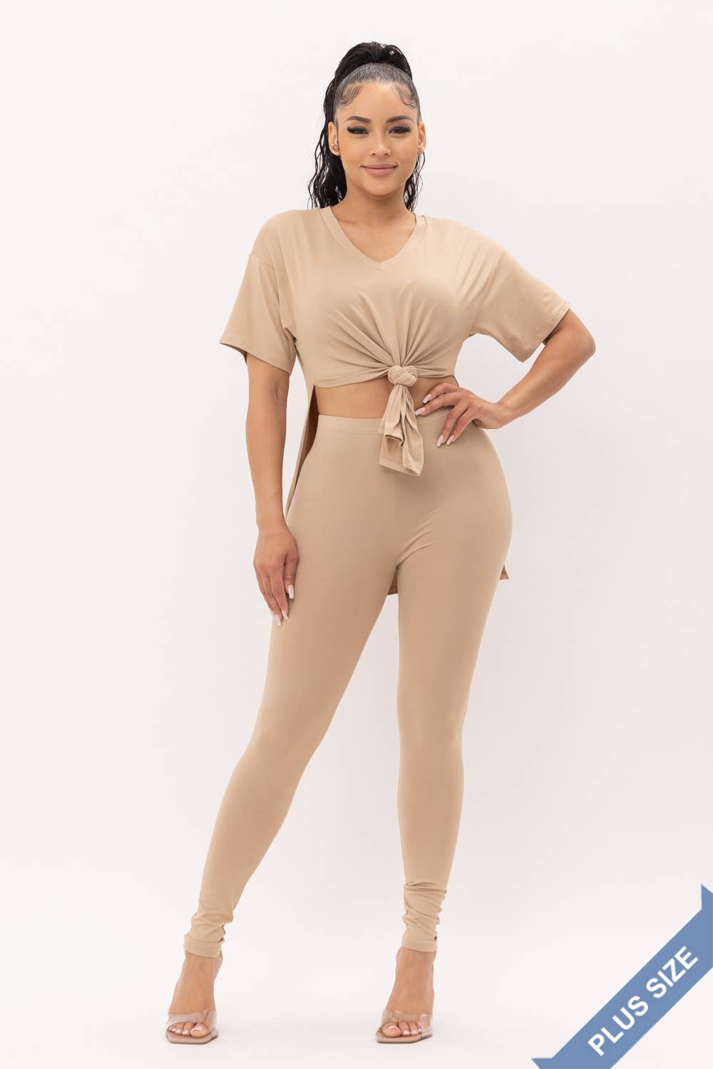 Plus Size V-Neck Side Slits Basic Top And Leggings Set