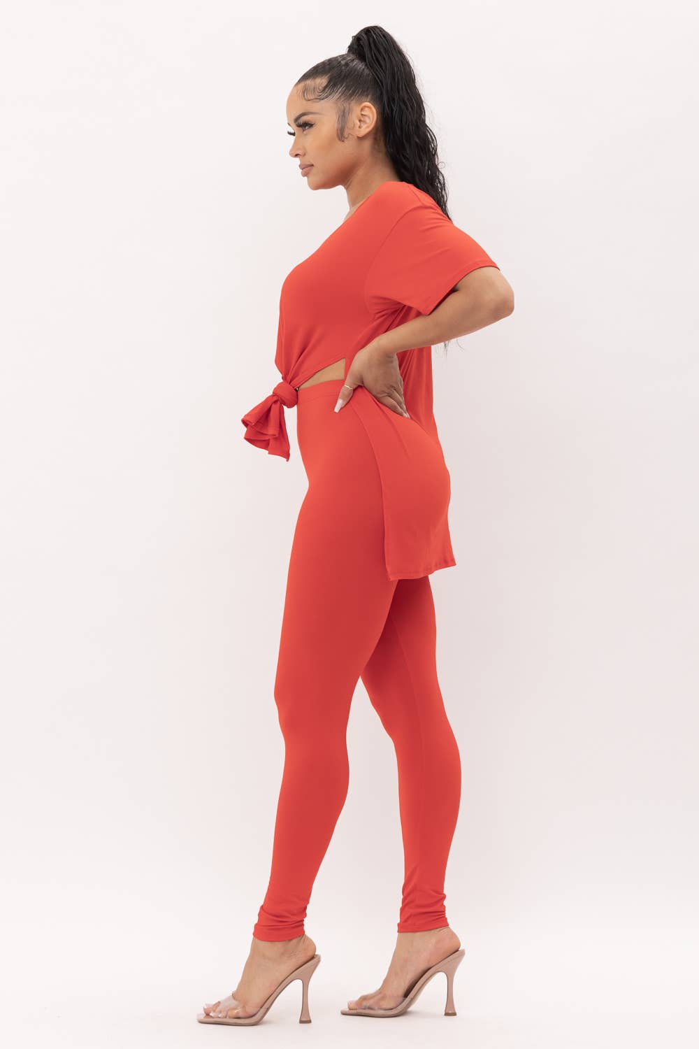 V-Neck Side Slits Basic Top And Leggings Set