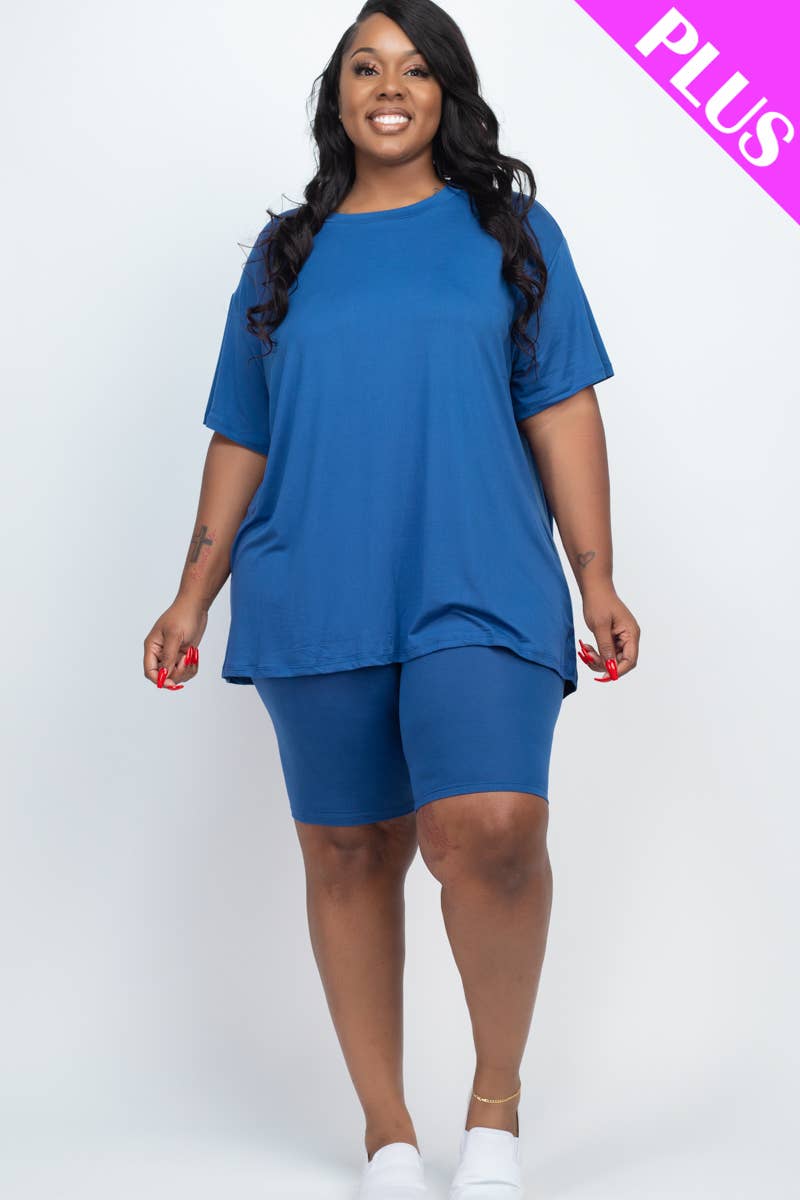 Plus Size Loose Fit Top & Bike Shorts Set