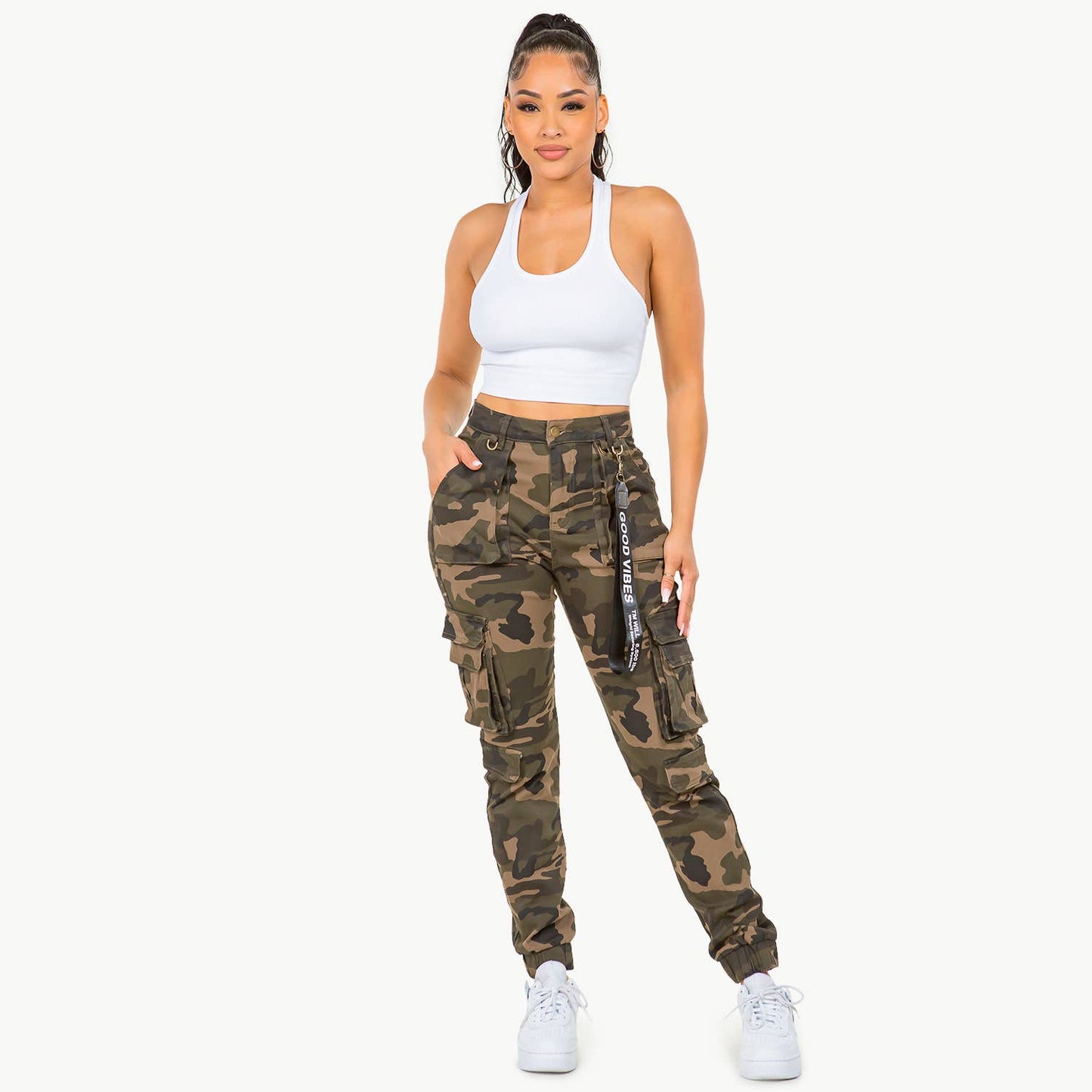 HIGH WAIST CAMO CARGO JOGGERS WITH POCKETS