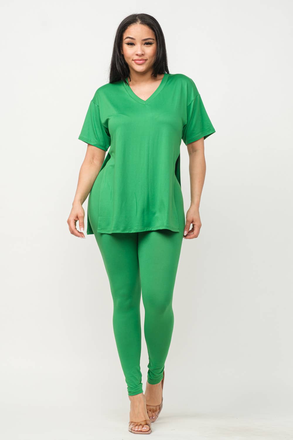 V-Neck Side Slits Basic Top And Leggings Set