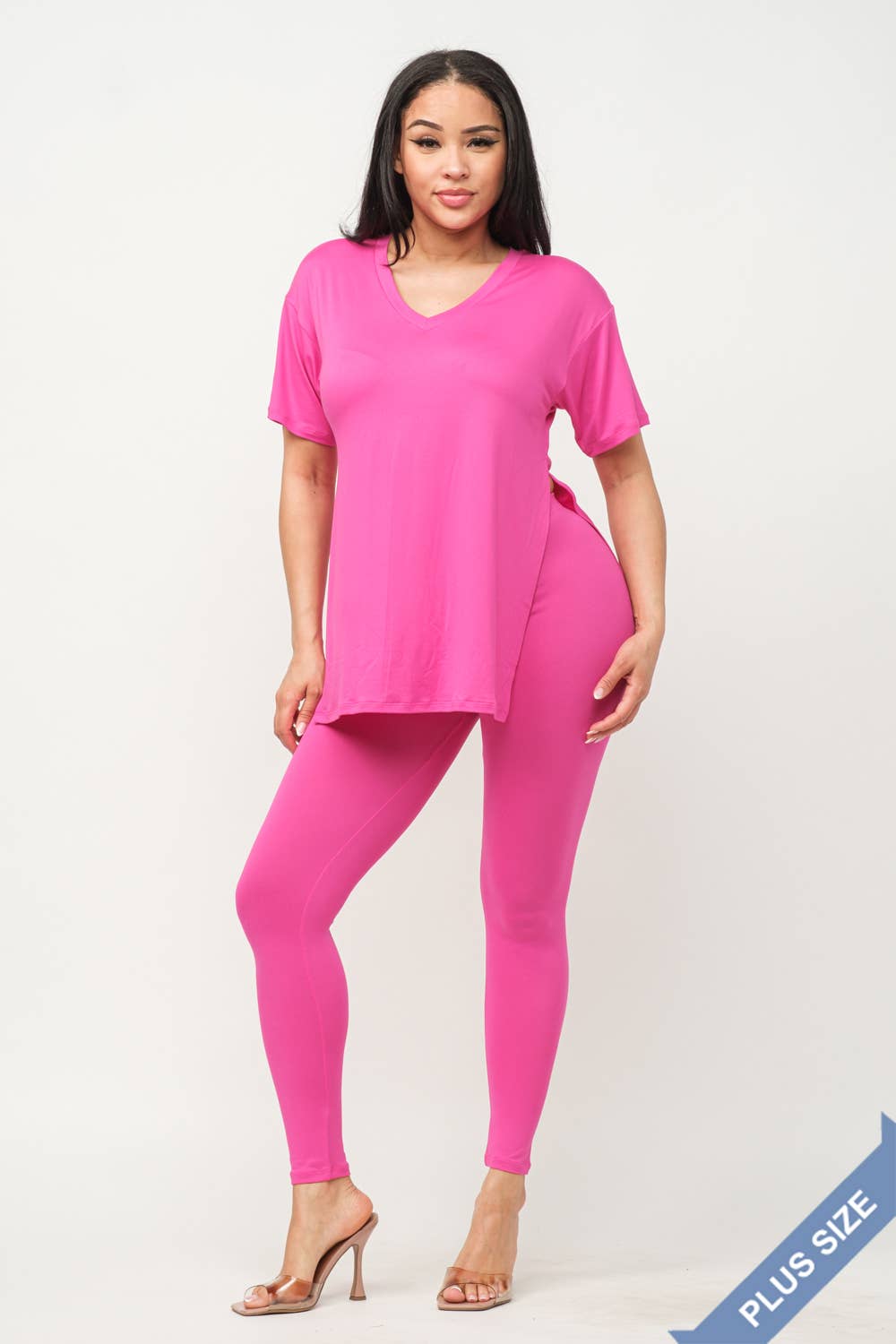 Plus Size V-Neck Side Slits Basic Top And Leggings Set