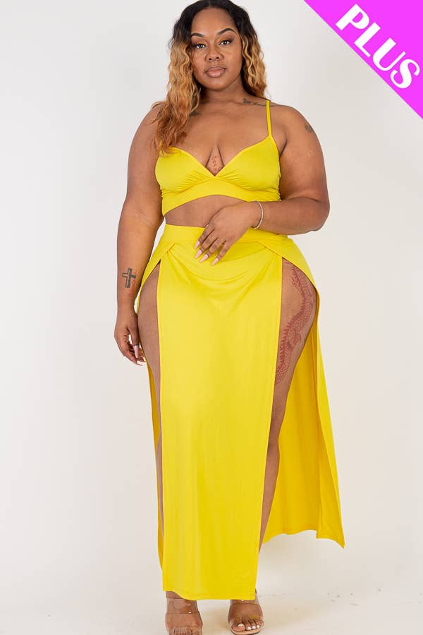 Plus Size Bra Top & Side Slit Maxi Skirt Resort Set