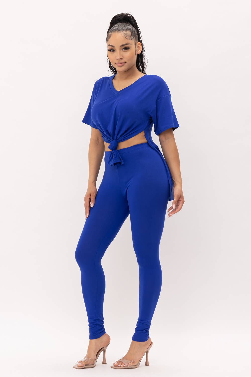 Plus Size V-Neck Side Slits Basic Top And Leggings Set