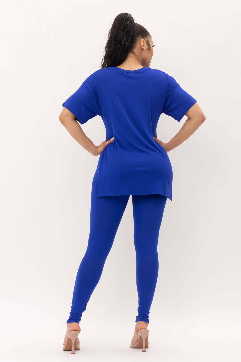 Plus Size V-Neck Side Slits Basic Top And Leggings Set