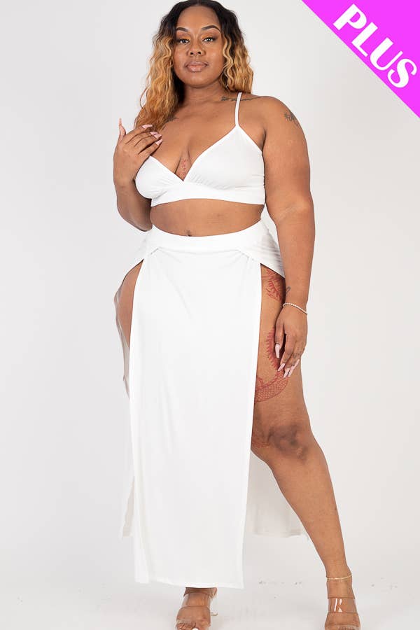 Plus Size Bra Top & Side Slit Maxi Skirt Resort Set