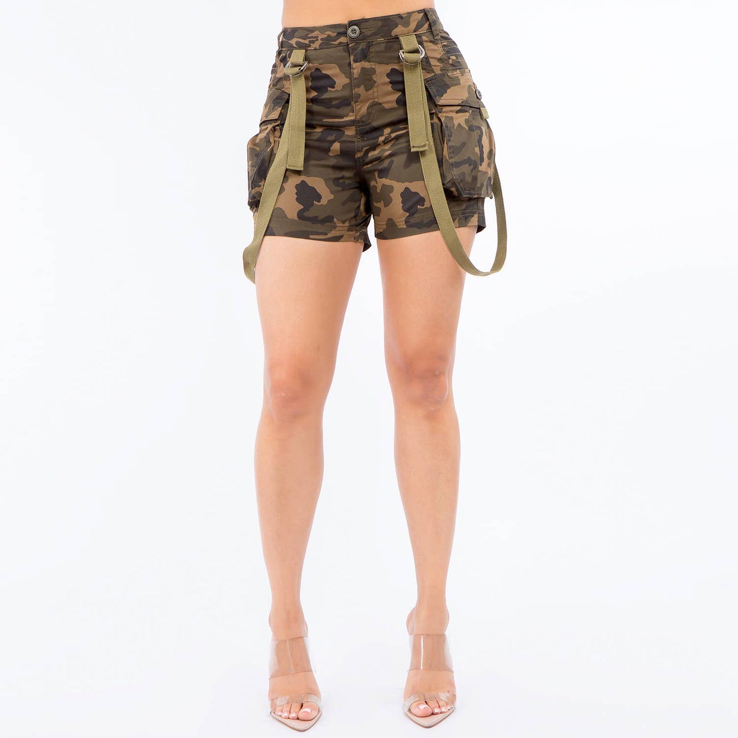 HIGH WAIST CAMO SHORTS WITH SUSPENDERS