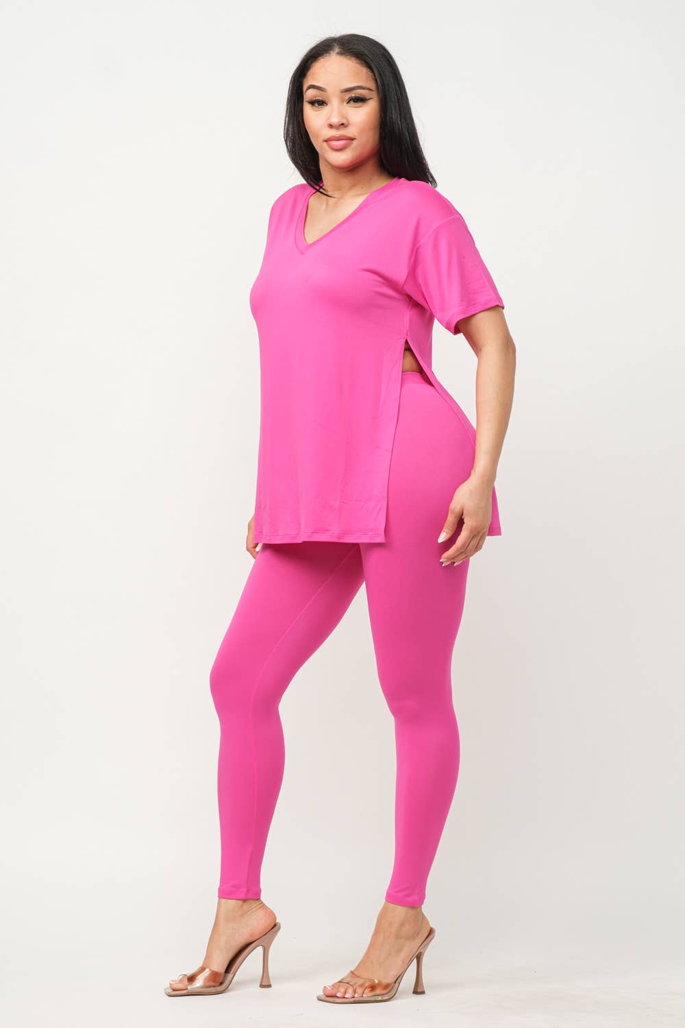 Plus Size V-Neck Side Slits Basic Top And Leggings Set