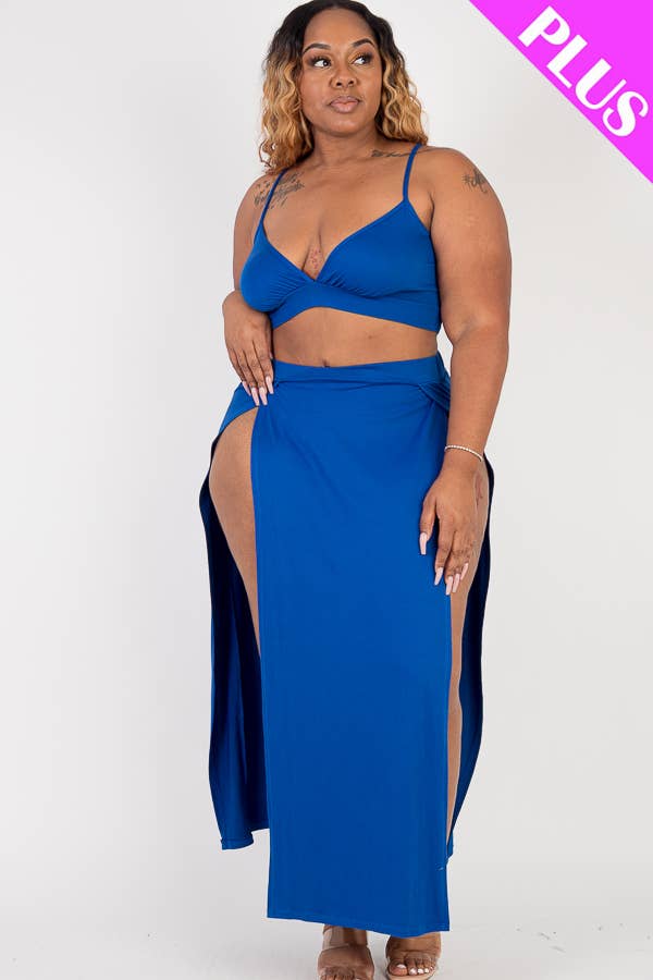 Plus Size Bra Top & Side Slit Maxi Skirt Resort Set