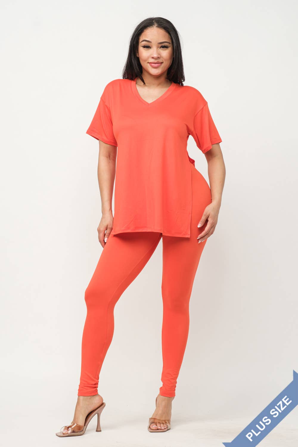 Plus Size V-Neck Side Slits Basic Top And Leggings Set