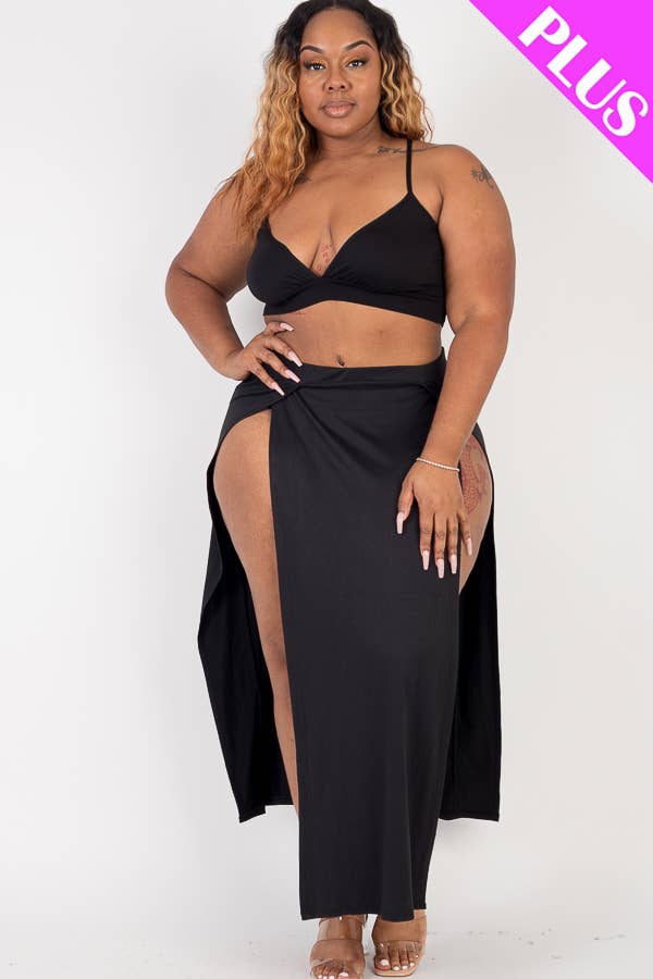 Plus Size Bra Top & Side Slit Maxi Skirt Resort Set