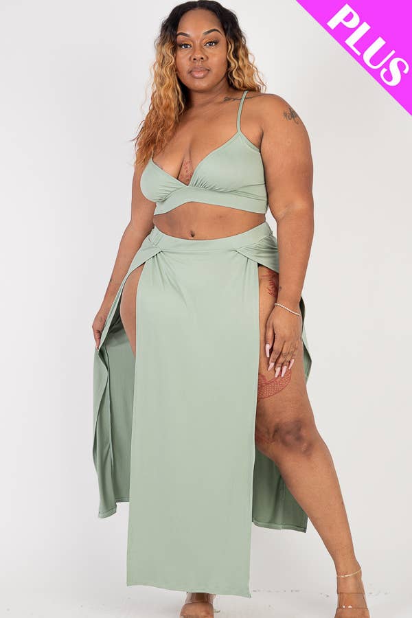 Plus Size Bra Top & Side Slit Maxi Skirt Resort Set