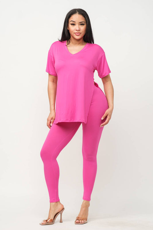 V-Neck Side Slits Basic Top And Leggings Set