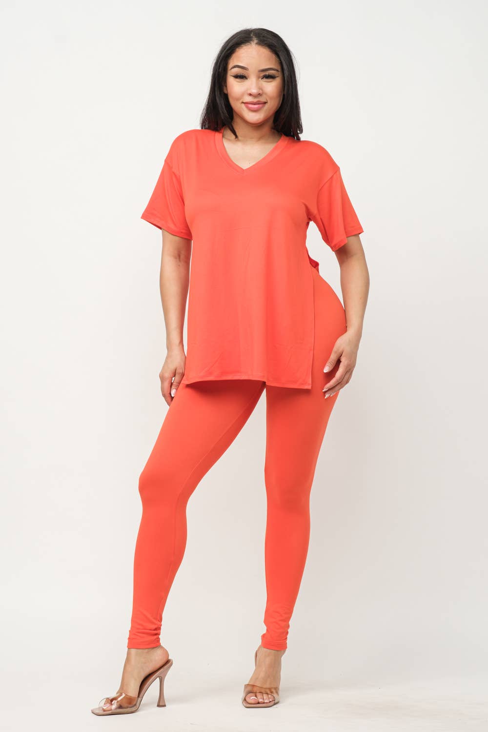 V-Neck Side Slits Basic Top And Leggings Set