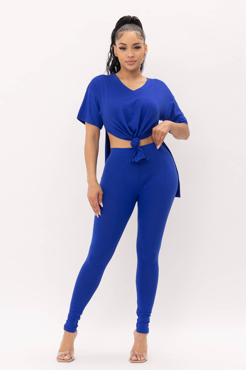 V-Neck Side Slits Basic Top And Leggings Set